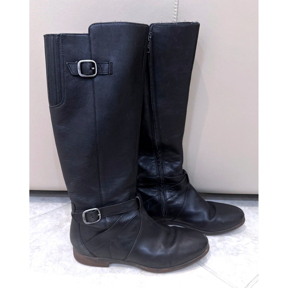 UGG Simmens Black Leather Tall Riding Boots Waterproof Buckle 1005920 Womens 7